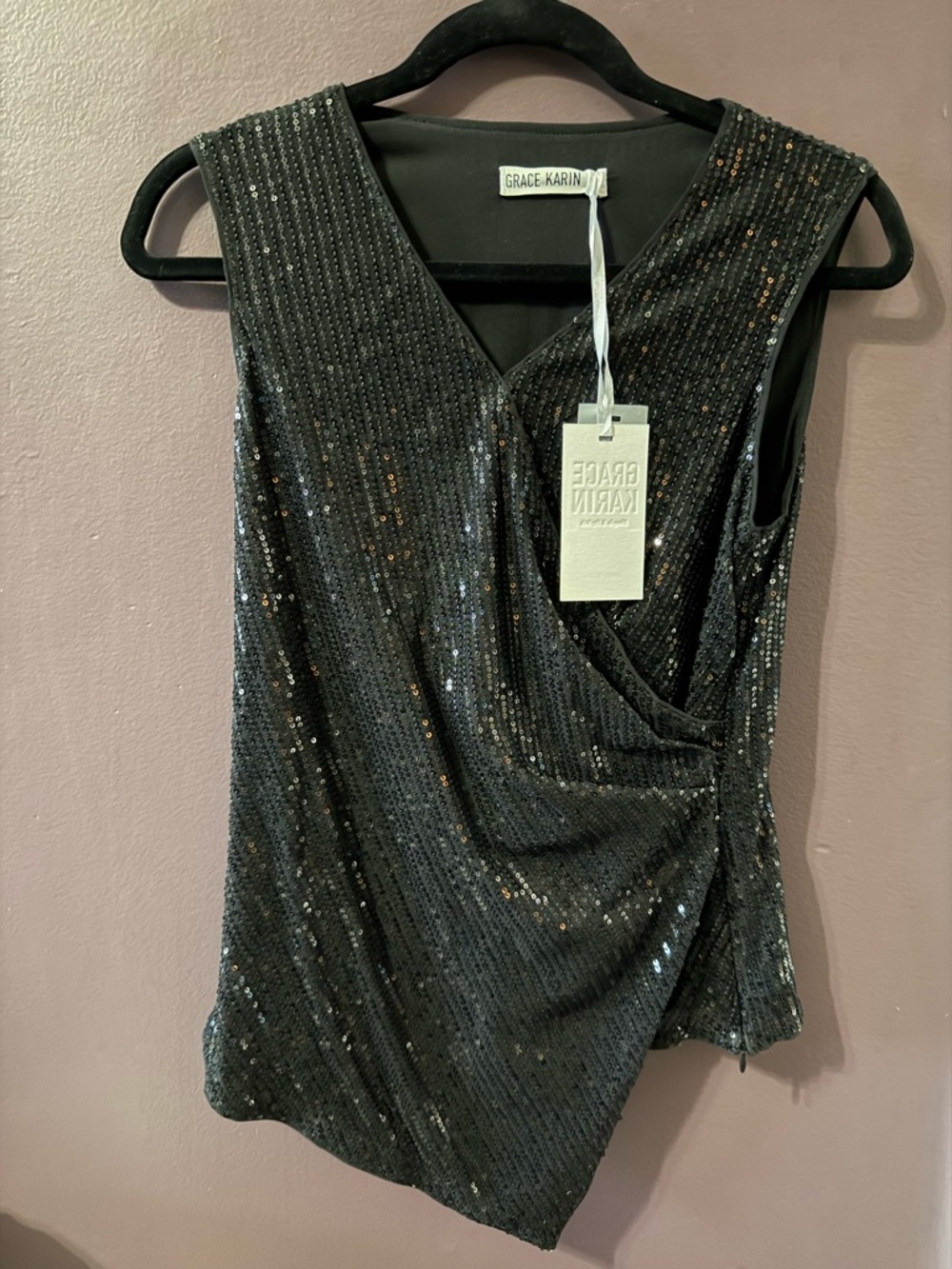 Grace Karin Black Sequin V-Neck Sleeveless Wrap Top